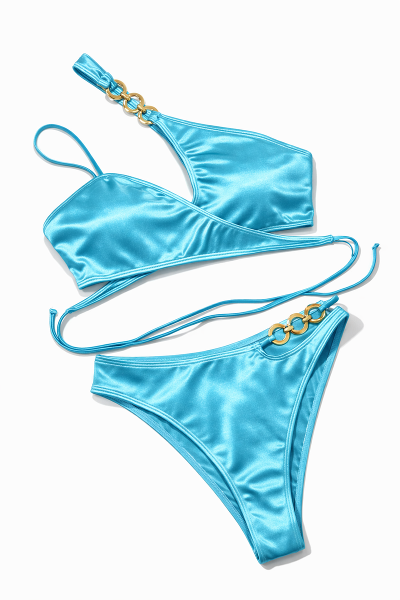 Bikini Taille Haute Dos Ouvert Uni Bleu