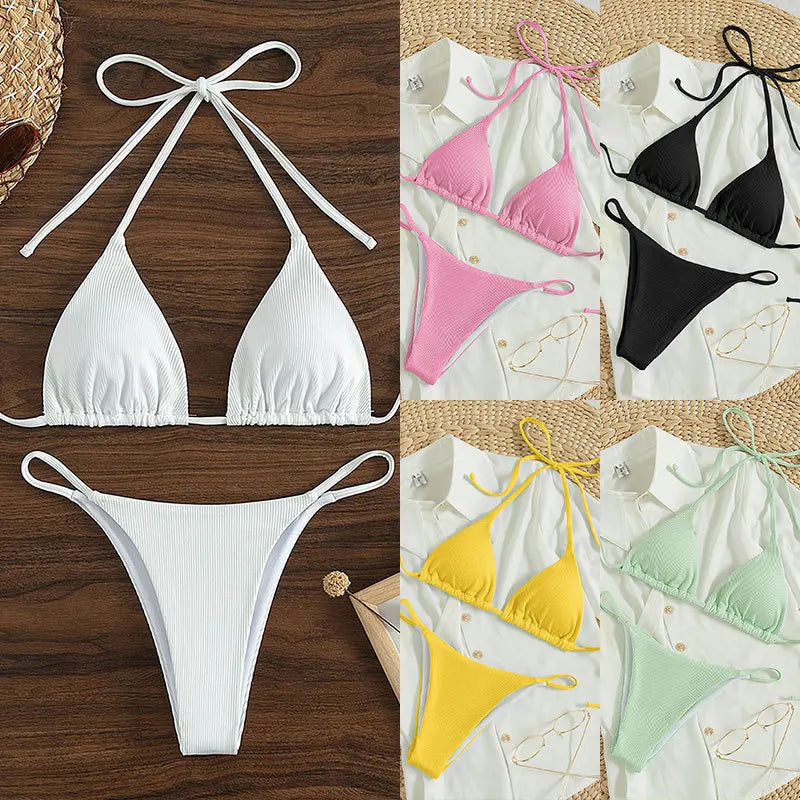 2025 Special Pit Stripe Fabric Bikini Set Women Sexy Simple Solid Halter Bikini Swimsuit High Waisted Lace Up Beach Bathing S